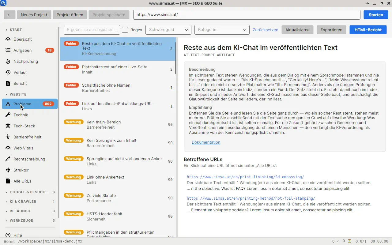 Technische SEO-Prüfung Problemliste in JMX mit Erklärung und betroffenen URLs