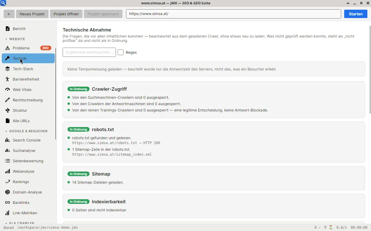 Technische SEO-Prüfung Technik-Ansicht in JMX zu robots.txt