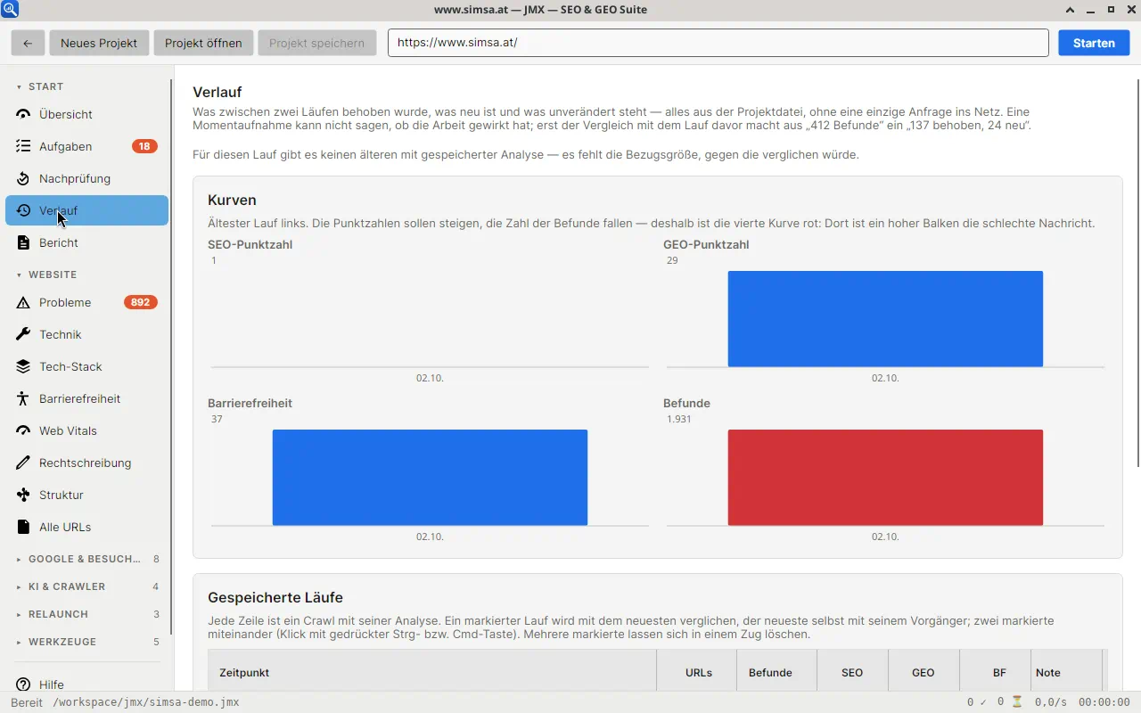 Technische SEO-Prüfung Verlauf in JMX mit Unterschieden zum vorherigen Crawl